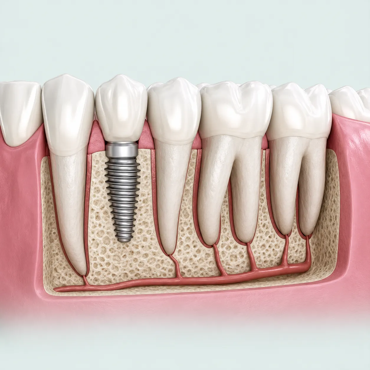 Implant dentaire unitaire sur la mâchoire du bas : un implant porte une couronne à la place de la dent perdue, les dents voisines restant intactes